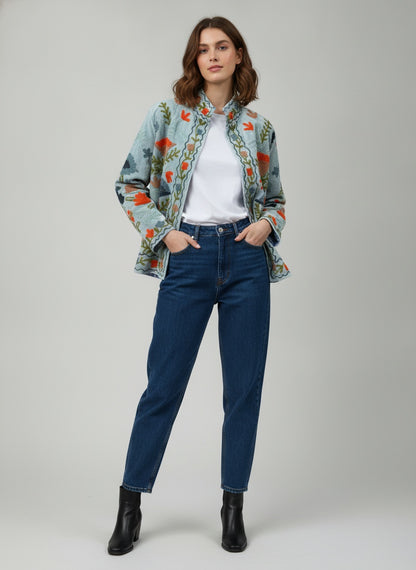 The Duskwing Bloom — Suzani Embroidered Velvet Jacket — Powder Blue