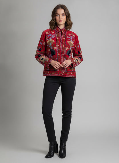 The Anaar Bloom — Suzani Embroidered Velvet Jacket — Crimson Red with Sage & Sand Florals