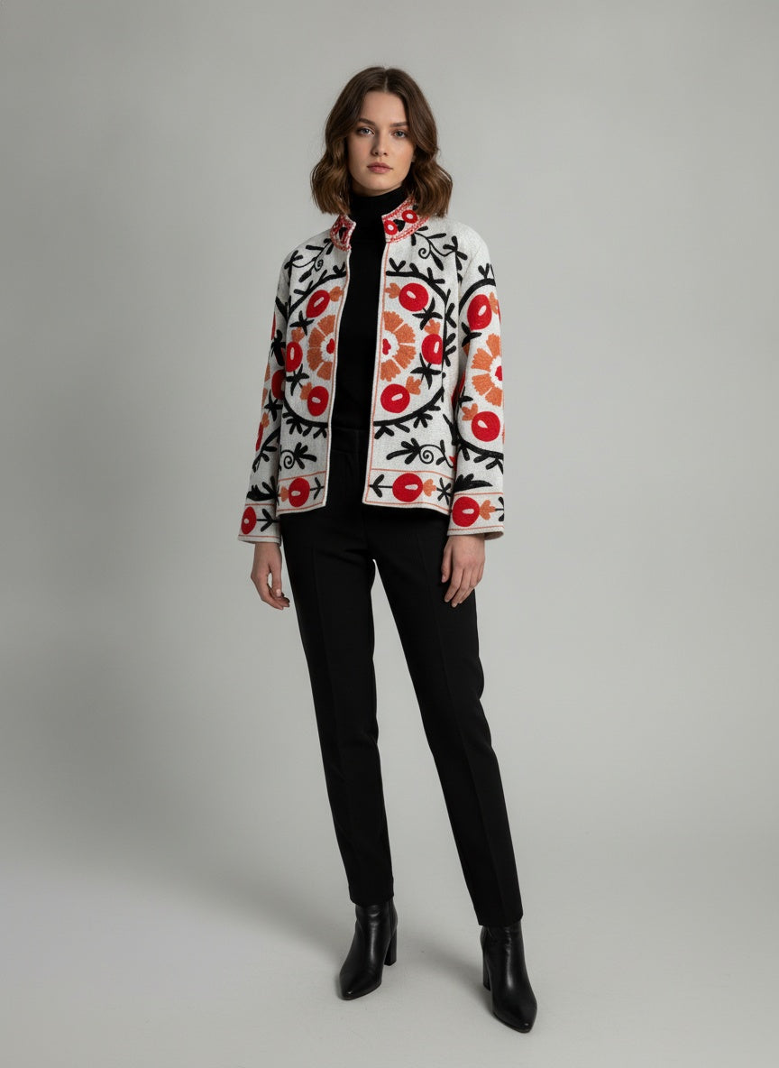 The Anar Bloom — Suzani Hand-Embroidered Cotton Jacket — Ivory with Vermilion & Ochre