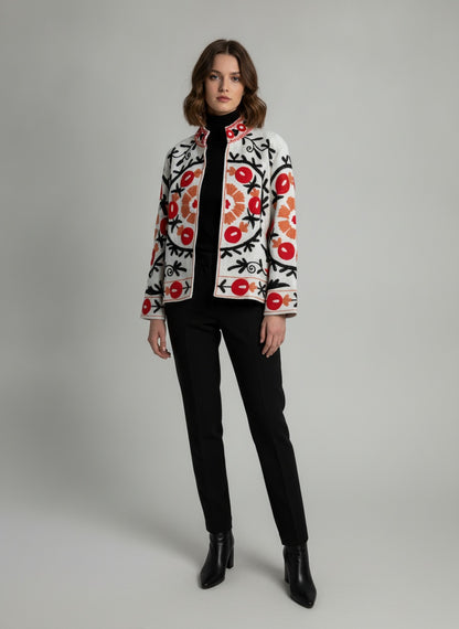 The Anar Bloom — Suzani Hand-Embroidered Cotton Jacket — Ivory with Vermilion & Ochre