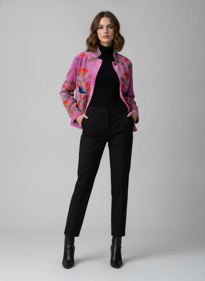 The Anaar Bloom — Suzani Hand-Embroidered Velvet Jacket — Orchid Pink with Rust, Sage & Indigo Florals