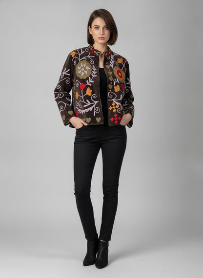 The Anar Baagh — Suzani Embroidered Velvet Jacket — Espresso Brown with Marigold & Ruby Blooms