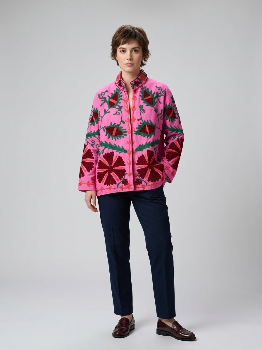 The Bibi Blossom — Suzani Hand-Embroidered Cotton Jacket — Fuchsia Pink with Maroon & Forest Green Florals