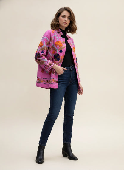 The Marigold Bloom — Suzani Embroidered Cotton Jacket — Fuchsia Pink