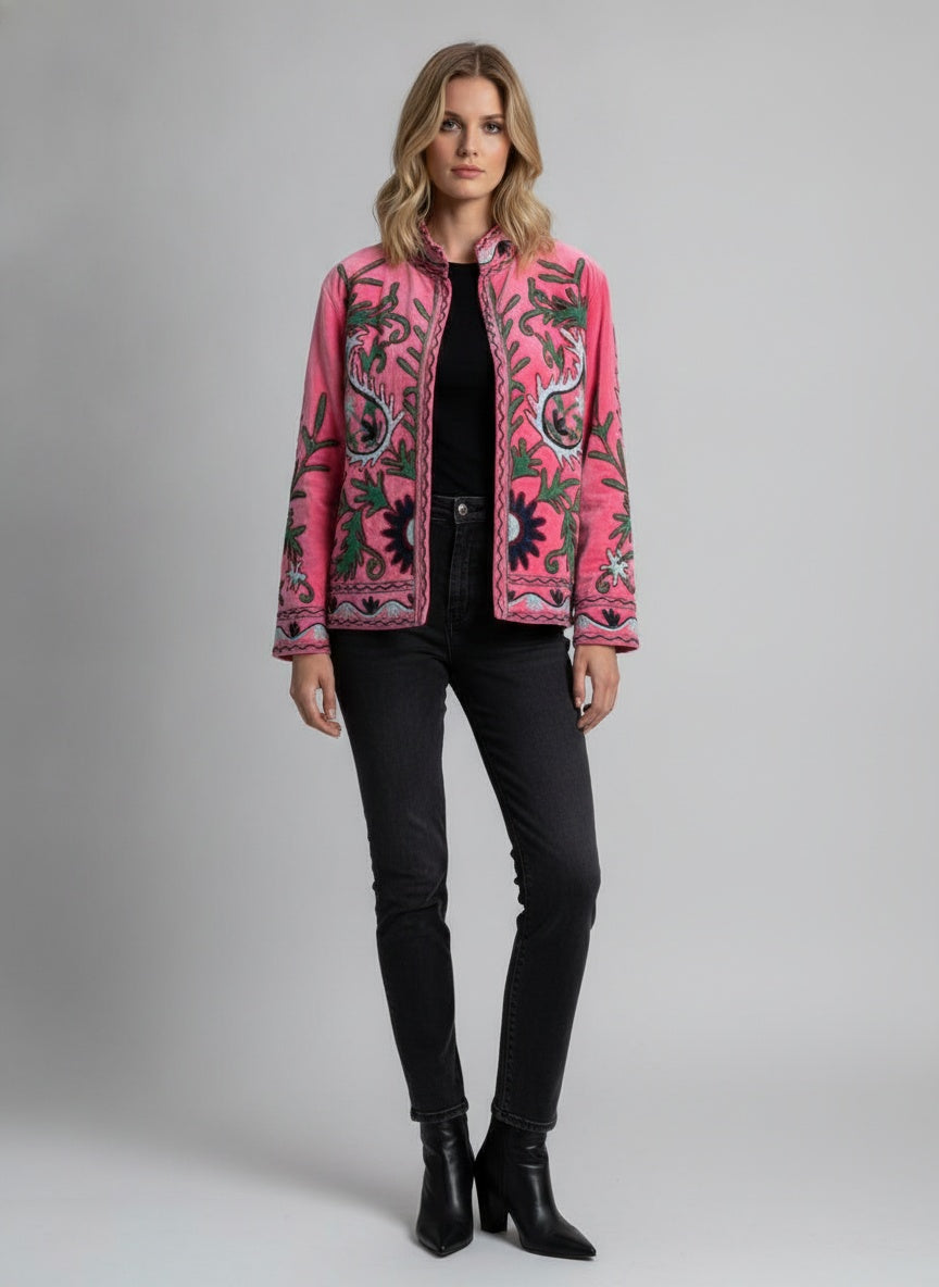 The Bagh-e-Rajasthan — Suzani Embroidered Velvet Jacket — Rani Pink