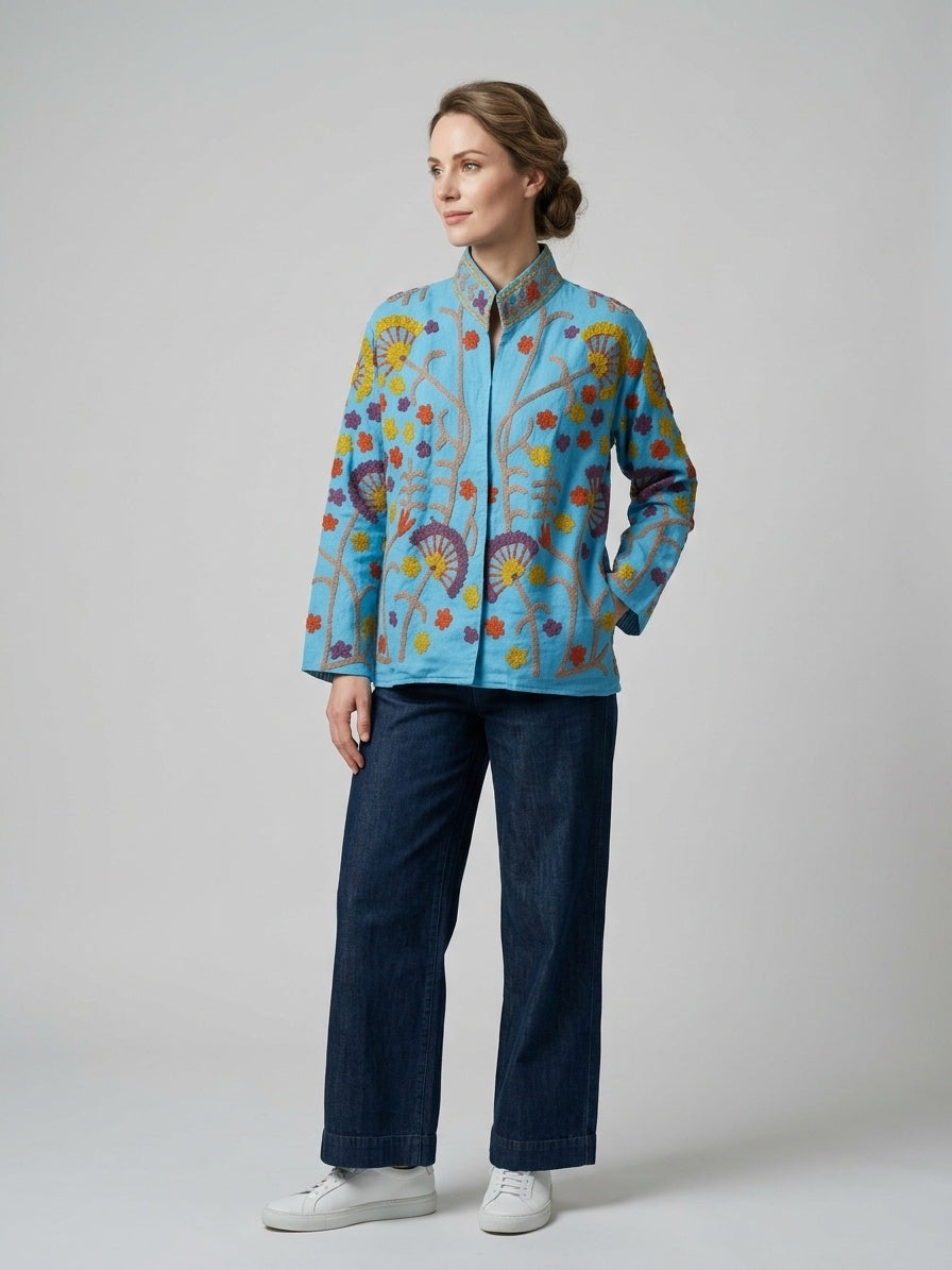 The Turquoise Oasis — Suzani Crewel-Embroidered Cotton Jacket — Sky Blue with Mustard, Rust & Plum
