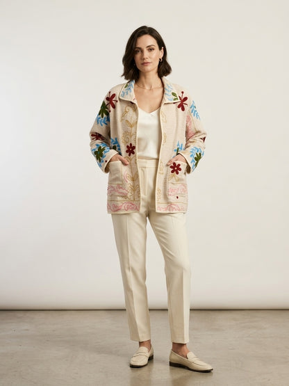 The Baghicha Bloom — Suzani Hand-Embroidered Cotton Jacket — Ivory with Cranberry, Sage & Sky Blue