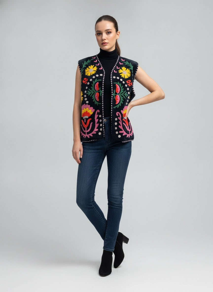 The Marigold Bloom — Suzani Embroidered Velvet Vest — Jet Black with Sunflower Gold & Rose Pink