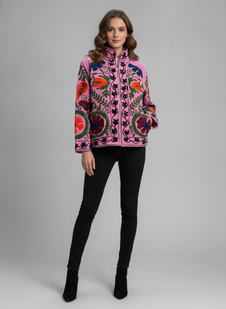 The Bibi Blossom — Suzani Embroidered Velvet Jacket — Bubblegum Pink