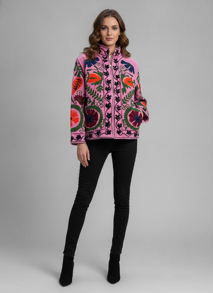 The Bibi Blossom — Suzani Embroidered Velvet Jacket — Bubblegum Pink