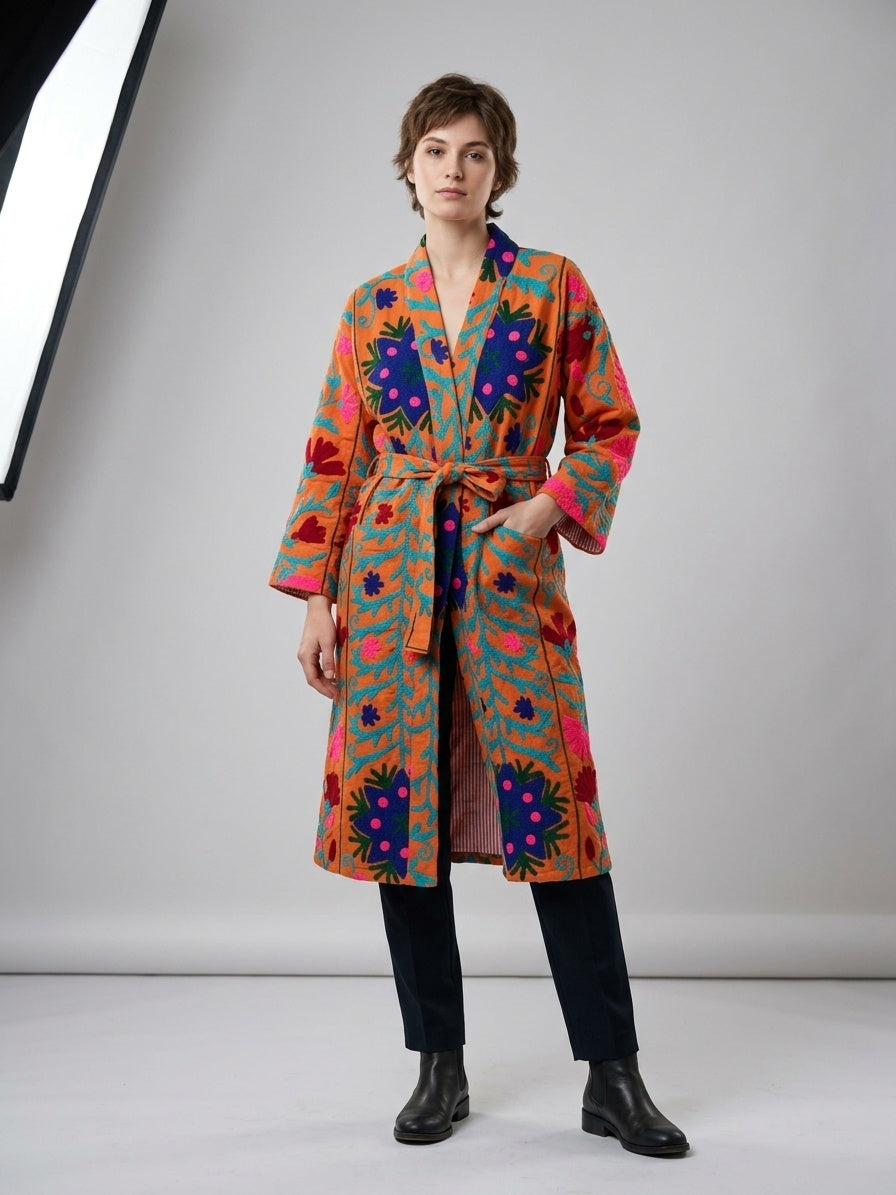 The Marigold Suzani — Hand-Embroidered Wool Kimono — Saffron Orange with Cobalt & Teal Florals