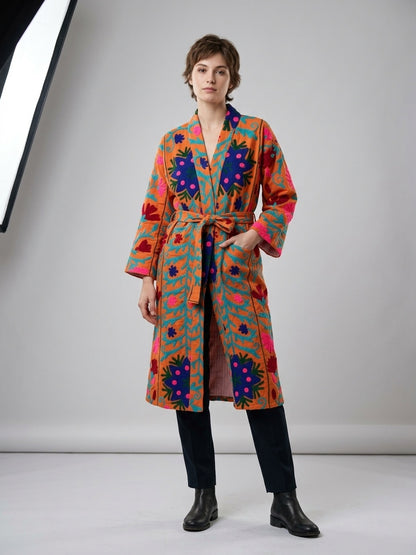 The Marigold Suzani — Hand-Embroidered Wool Kimono — Saffron Orange with Cobalt & Teal Florals