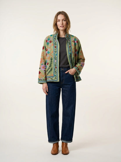 The Sage Meadow — Suzani-Inspired Hand Embroidered Cotton Jacket — Pistachio Green with Coral, Lilac & Cerulean Florals