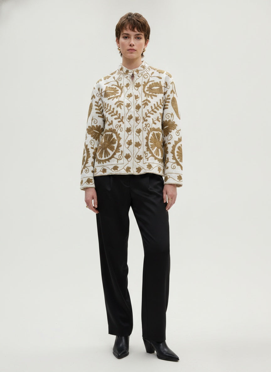 The Bibi Marigold — Suzani Hand-Embroidered Cotton Jacket — Ivory & Olive Gold