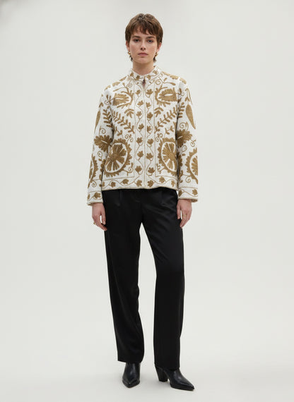 The Bibi Marigold — Suzani Hand-Embroidered Cotton Jacket — Ivory & Olive Gold