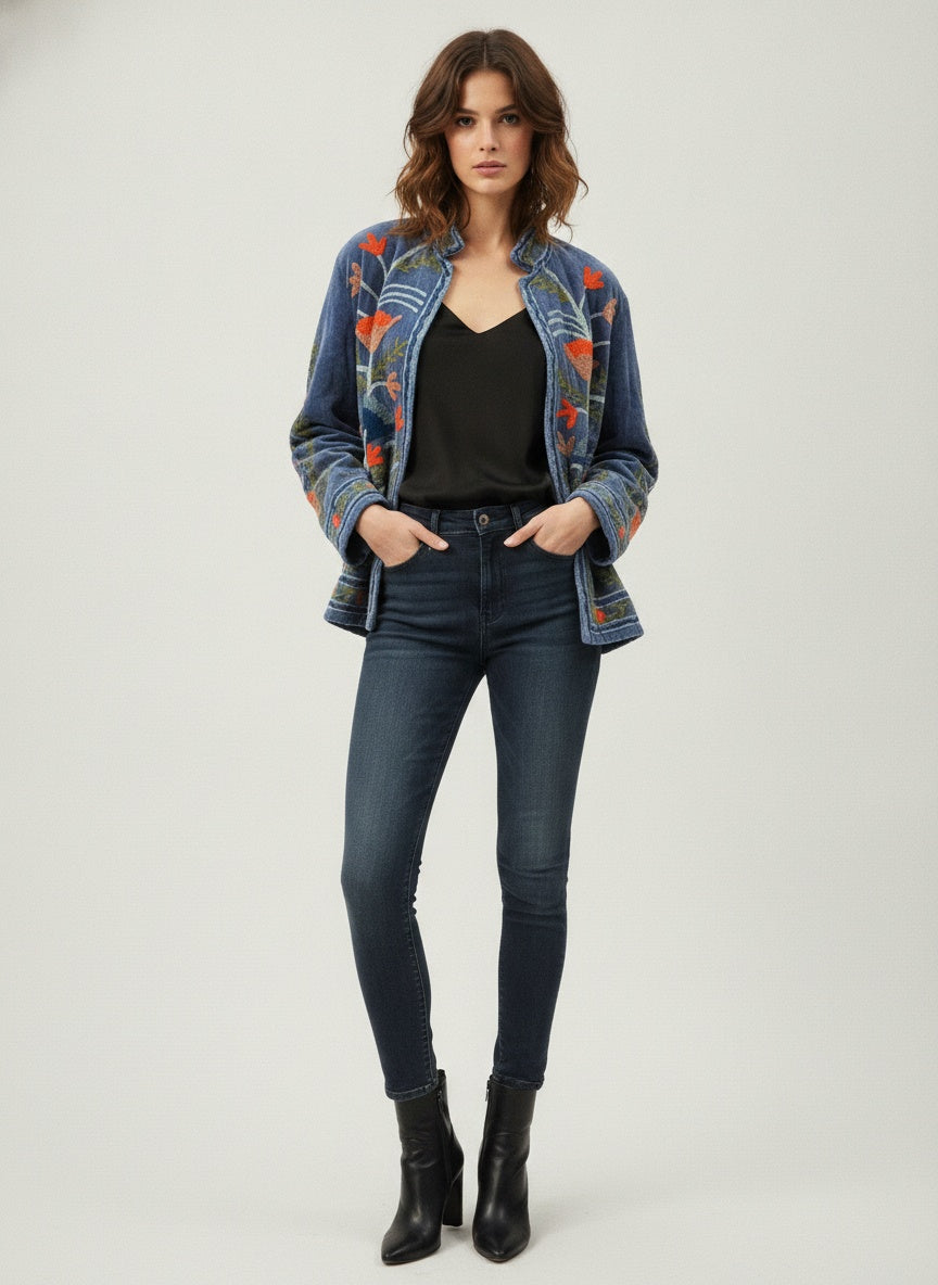 The Marigold Steppe — Suzani Embroidered Velvet Jacket — Indigo Blue