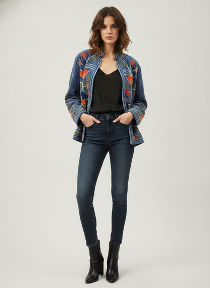 The Marigold Steppe — Suzani Embroidered Velvet Jacket — Indigo Blue