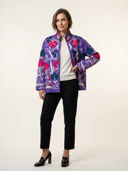 The Violet Suzani — Hand-Embroidered Cotton Jacket — Deep Purple with Fuchsia & Teal Florals