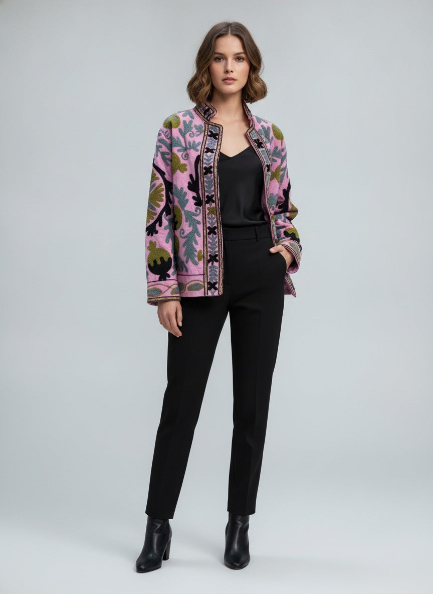 The Bagh-e-Anar — Hand-Embroidered Suzani Cotton Jacket — Orchid Pink with Olive & Slate Motifs