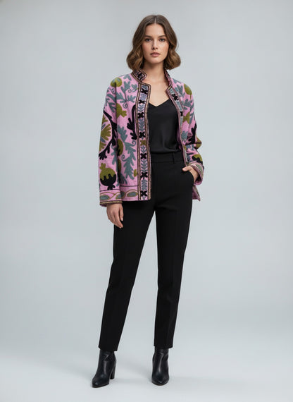The Bagh-e-Anar — Hand-Embroidered Suzani Cotton Jacket — Orchid Pink with Olive & Slate Motifs