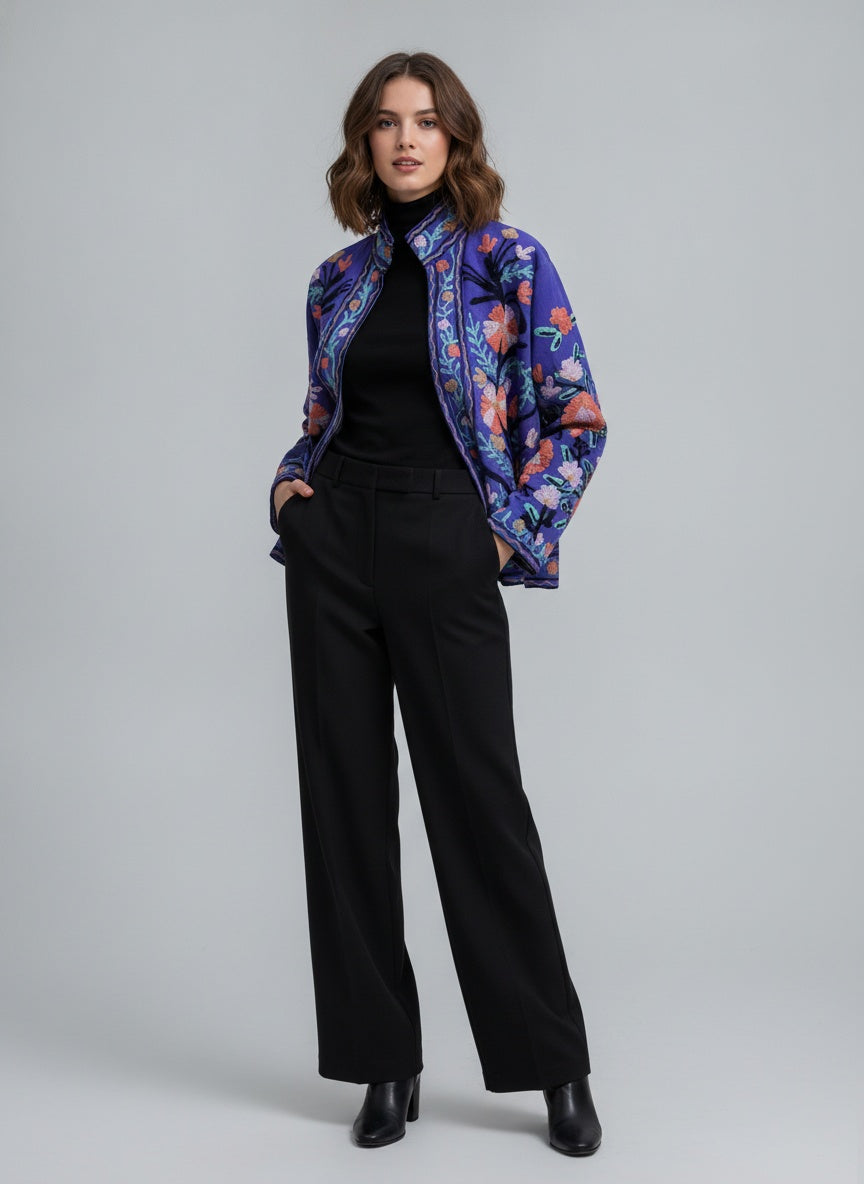 The Twilight Meadow — Suzani Embroidered Cotton Jacket — Violet & Coral Bloom