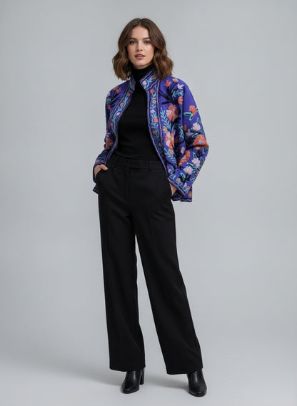 The Twilight Meadow — Suzani Embroidered Cotton Jacket — Violet & Coral Bloom