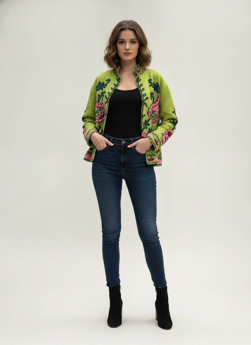 The Lime Orchard Suzani — Hand-Embroidered Cotton Jacket — Chartreuse with Pink & Moss Green Florals