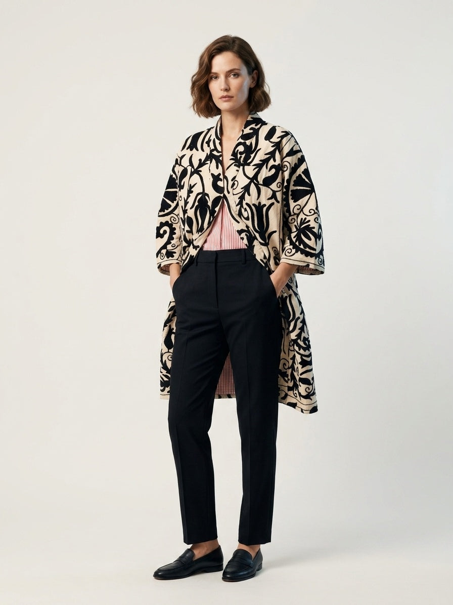 The Tulip Vine Kimono — Suzani Hand-Embroidered Cotton Jacket — Ivory & Ebony