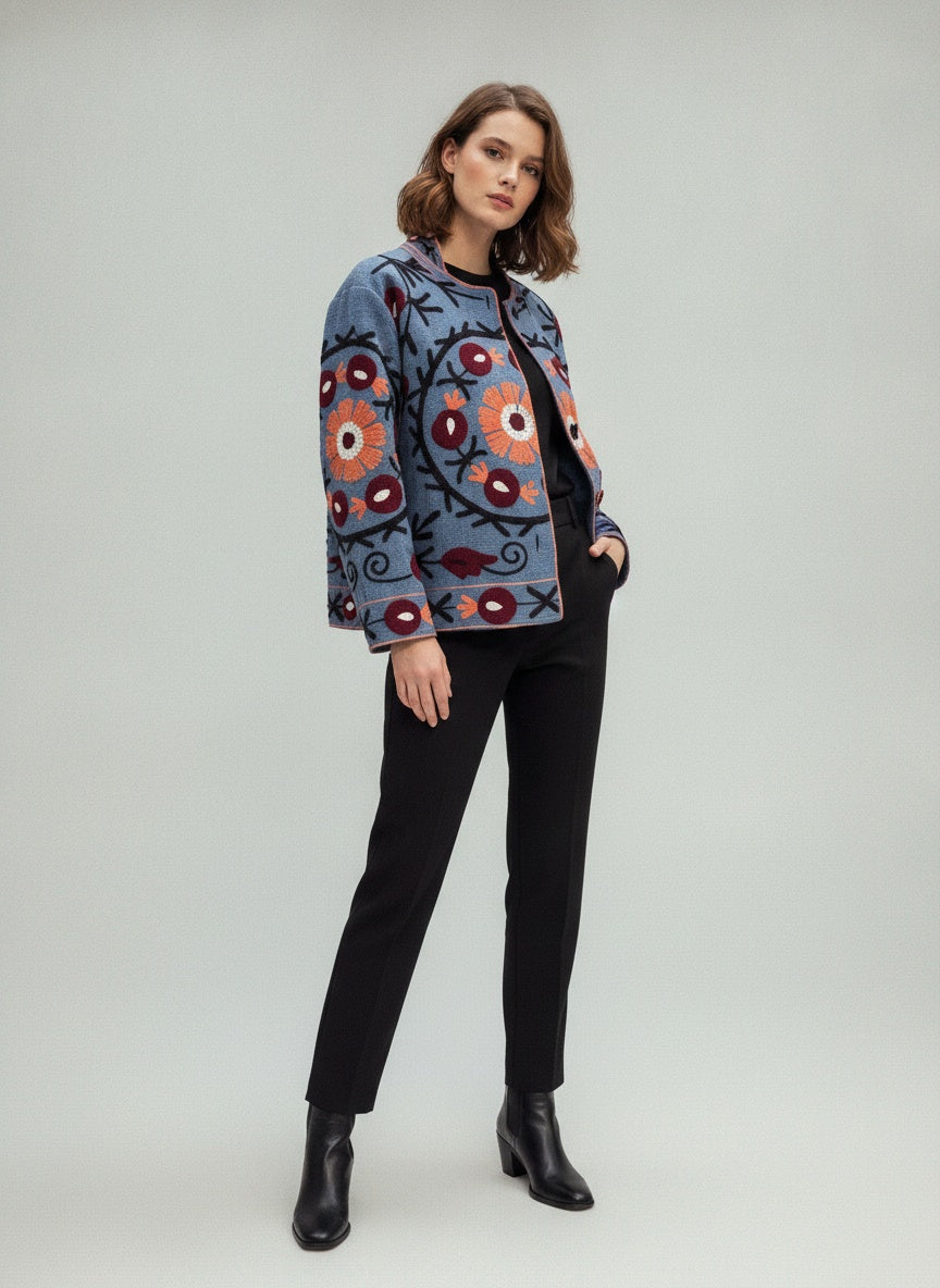 The Chambelí Suzani — Hand-Embroidered Cotton Jacket — Dusty Blue with Maroon & Coral Bloom