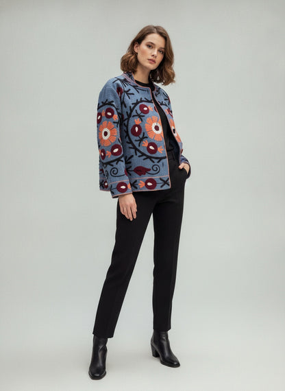 The Chambelí Suzani — Hand-Embroidered Cotton Jacket — Dusty Blue with Maroon & Coral Bloom