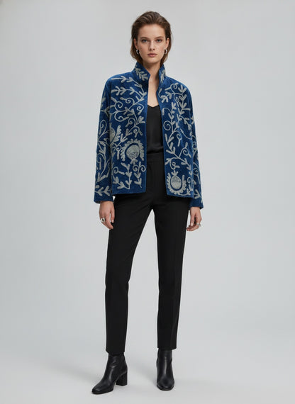 The Anar Bagh — Suzani-Embroidered Velvet Jacket — Peacock Teal with Ivory Vinework