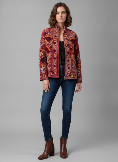 The Marigold Bloom — Suzani Embroidered Velvet Jacket — Rosewood Red with Amber & Burgundy Florals