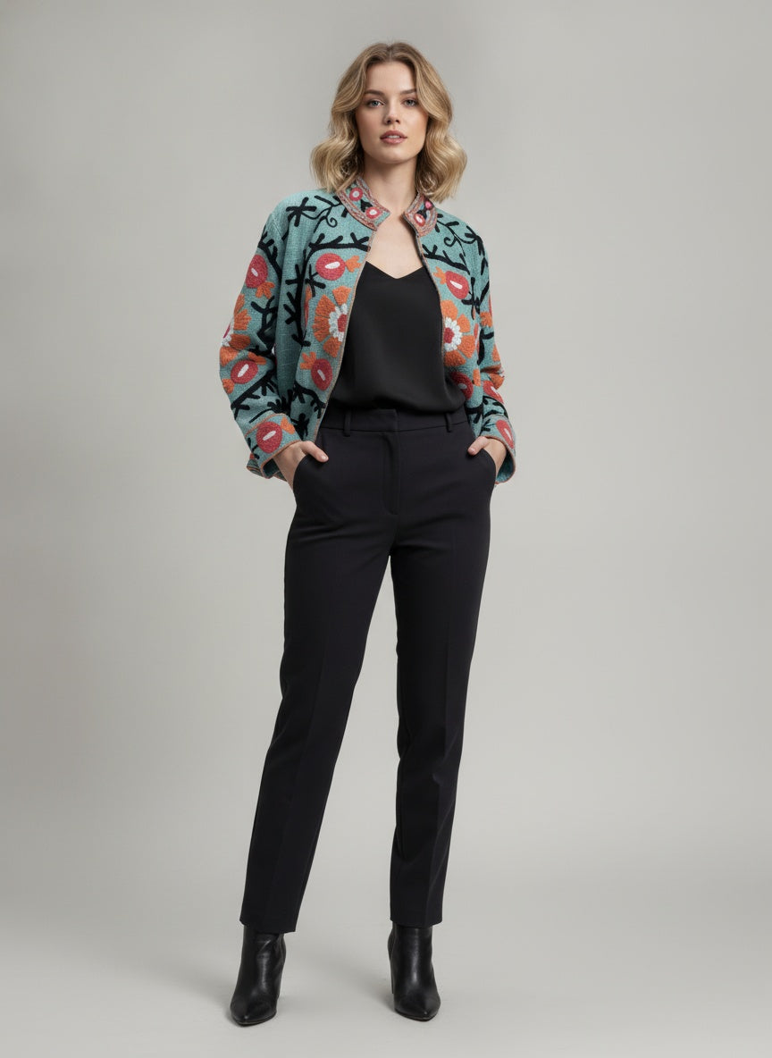 The Samarkand Bloom — Suzani Hand-Embroidered Cotton Jacket — Sage Green with Coral Pomegranates