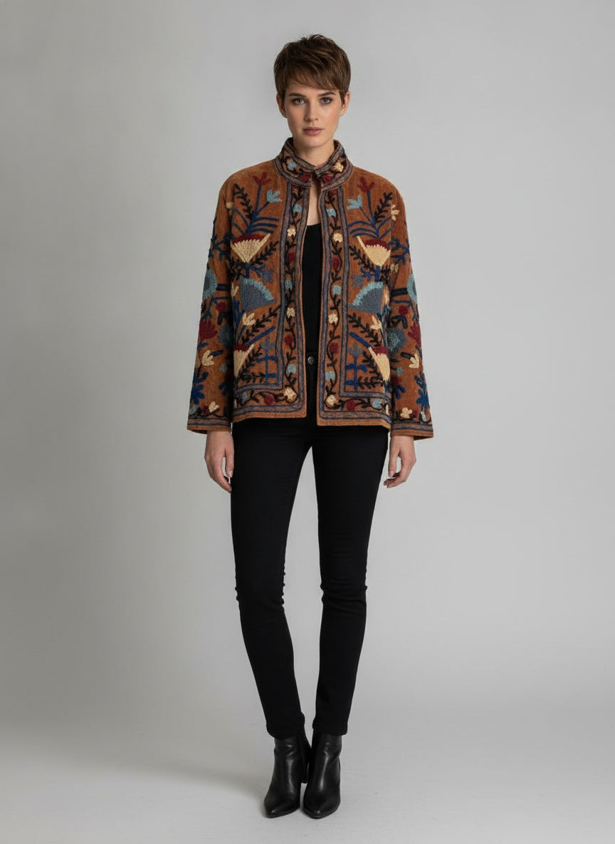 The Marwar Bloom — Suzani Embroidered Velvet Jacket — Rust Amber with Indigo & Ivory Florals