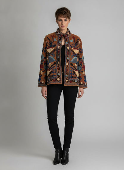 The Marwar Bloom — Suzani Embroidered Velvet Jacket — Rust Amber with Indigo & Ivory Florals