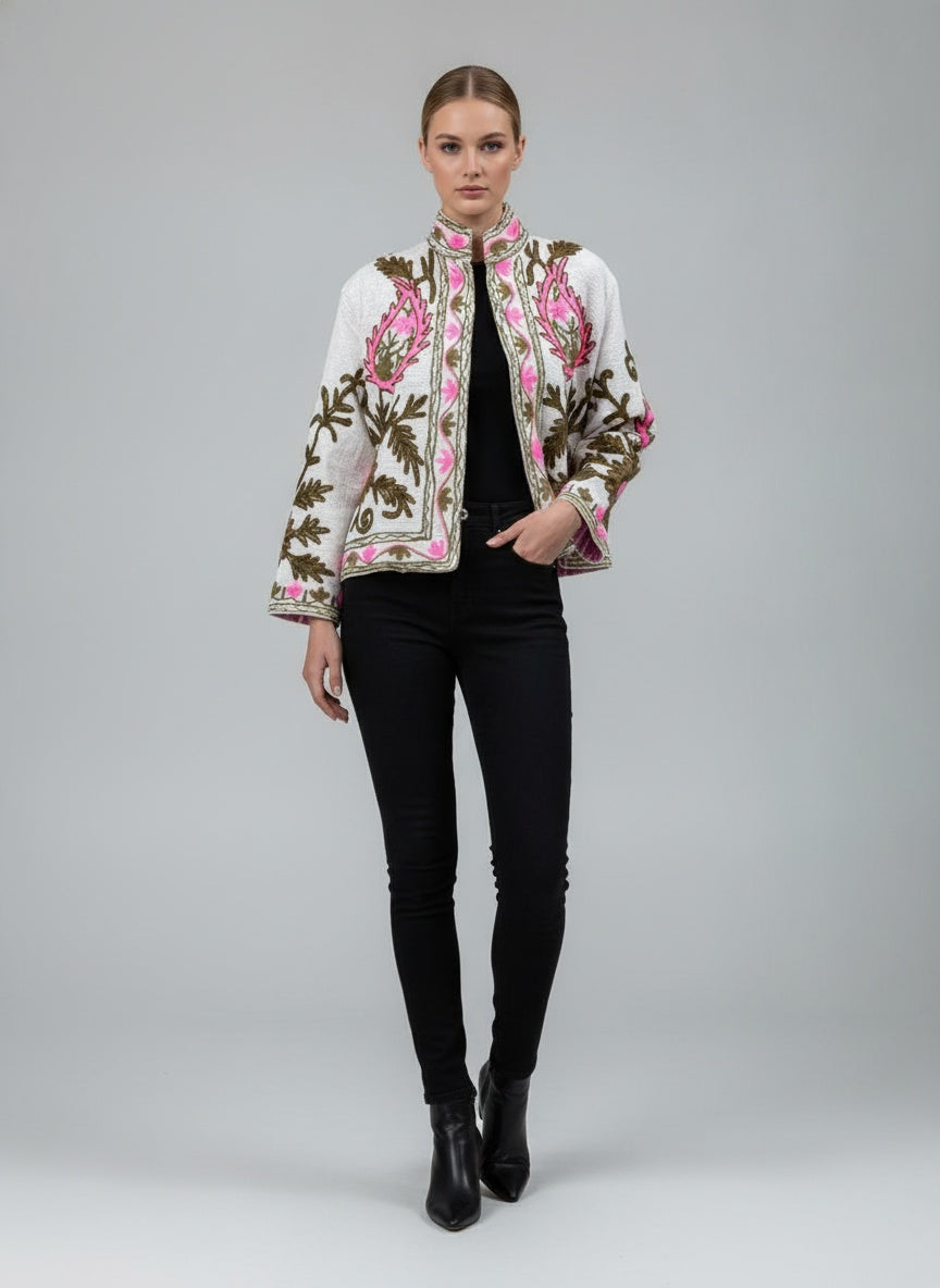 The Zafira — Hand-Embroidered Suzani Cotton Jacket — Ivory with Olive & Fuchsia Bloom