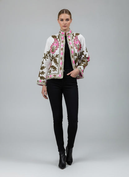The Zafira — Hand-Embroidered Suzani Cotton Jacket — Ivory with Olive & Fuchsia Bloom