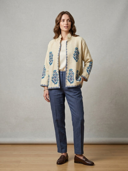 The Marigold Bagh — Suzani-Embroidered Handwoven Cotton Jacket — Ivory with Turquoise Blue