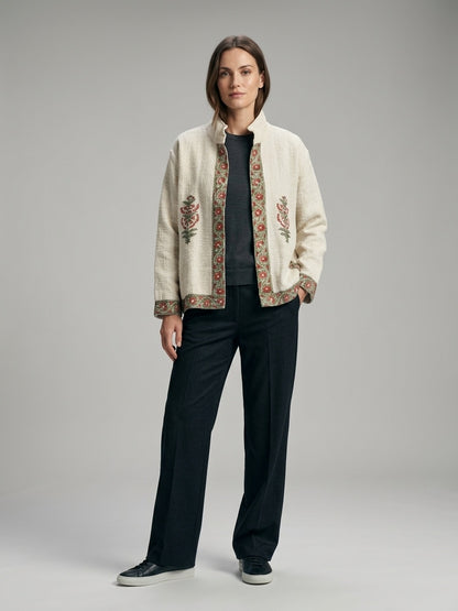 The Bagh-e-Gulab — Hand-Embroidered Cotton Jacket — Ivory with Rust Red & Sage Floral Trims