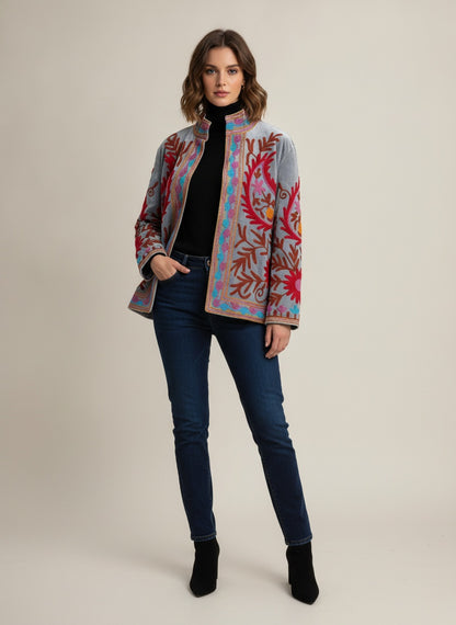 The Samarkand Bloom — Suzani Embroidered Velvet Jacket — Slate Grey with Crimson & Turquoise