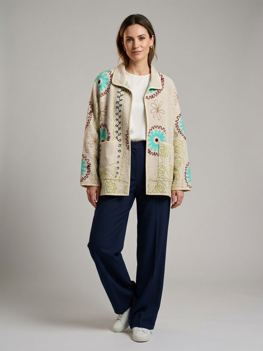 The Marigold Suzani — Hand-Embroidered Cotton Jacket — Ivory with Turquoise & Wine