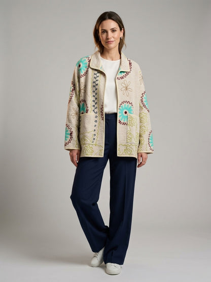 The Marigold Suzani — Hand-Embroidered Cotton Jacket — Ivory with Turquoise & Wine
