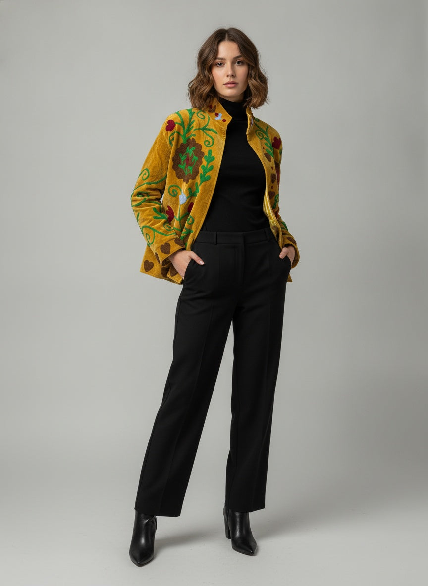 The Marigold Suzani — Hand-Embroidered Velvet Jacket — Turmeric Gold with Vine & Medallion Motifs
