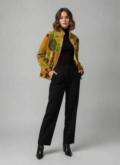 The Marigold Suzani — Hand-Embroidered Velvet Jacket — Turmeric Gold with Vine & Medallion Motifs