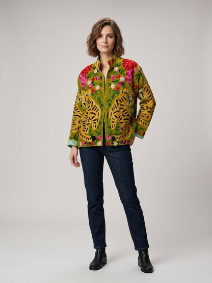 The Bagh Suzani — Hand-Embroidered Velvet Jacket — Moss Green with Tiger & Marigold Motifs