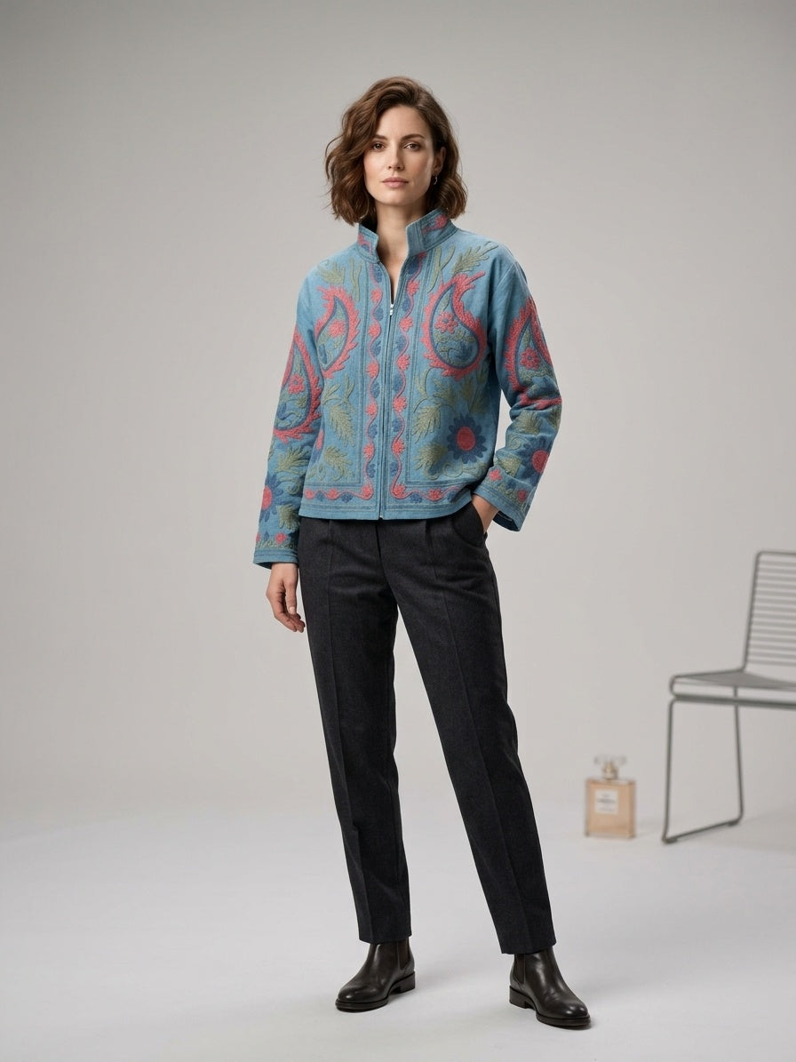 The Suzani Bloom — Suzani-Embroidered Cotton Jacket — Denim Blue with Coral & Sage Florals