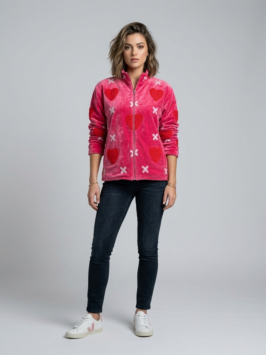 The Kissed Rose — Suzani Embroidered Velvet Jacket — Fuchsia Pink with Crimson Hearts