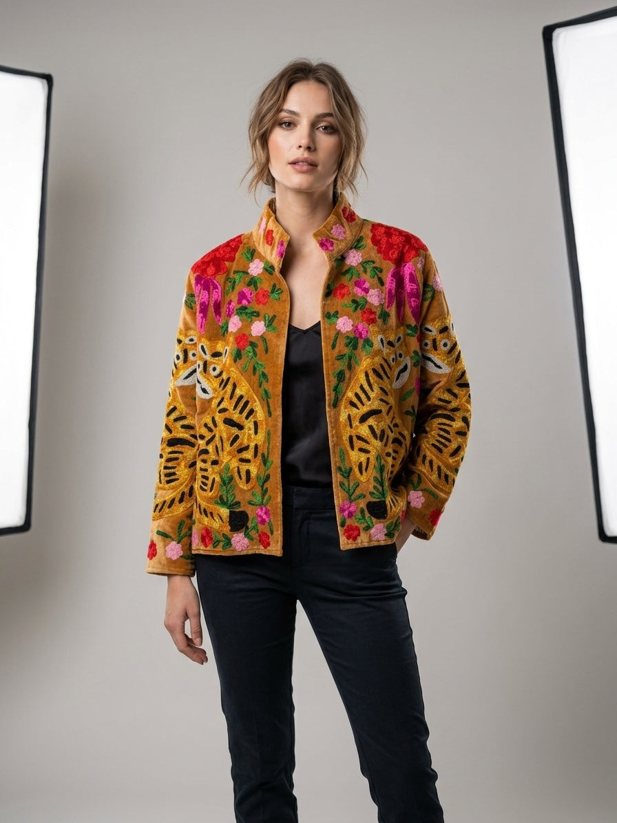 The Bagh Suzani — Hand-Embroidered Velvet Jacket — Camel Gold with Crimson & Magenta Bloom