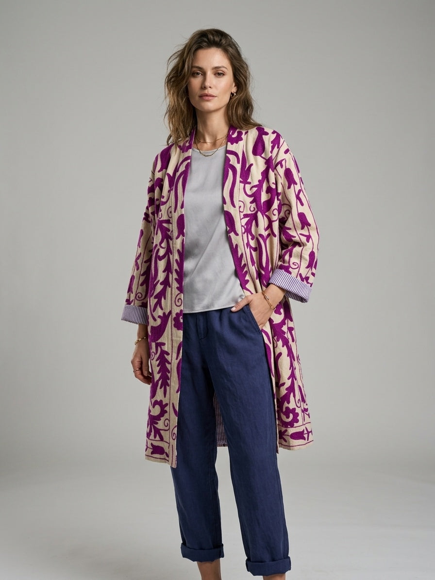 The Bahar Suzani — Hand-Embroidered Velvet Kimono — Ivory & Magenta