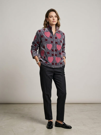 The Anaar Dil — Suzani Embroidered Velvet Jacket — Slate Blue with Crimson Hearts
